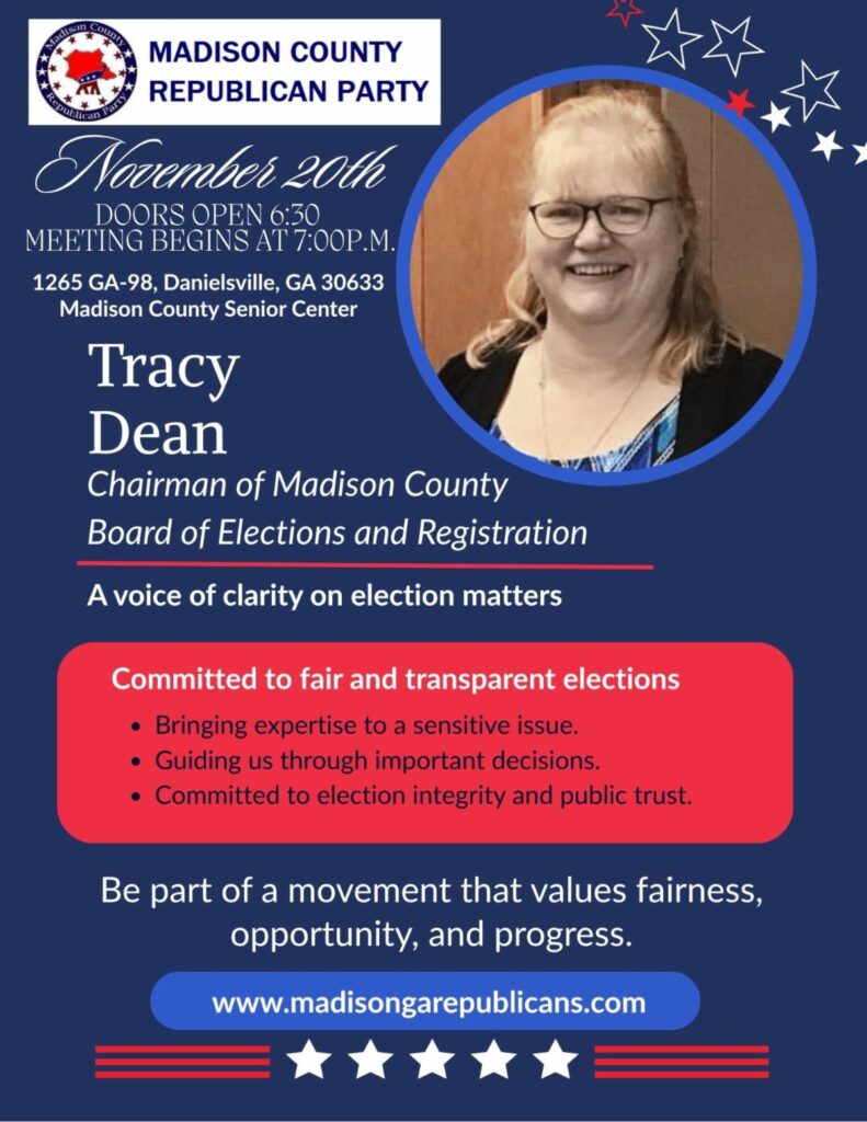 Tracy Dean will be speaking November 20 at the Madison County Republican Party Meeting.